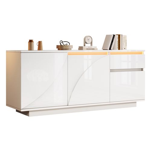Buffet Moderne 140x40x60cm, LED, 3 Portes, 1 Tiroir, Séparateurs Réglables, Blanc Brillant