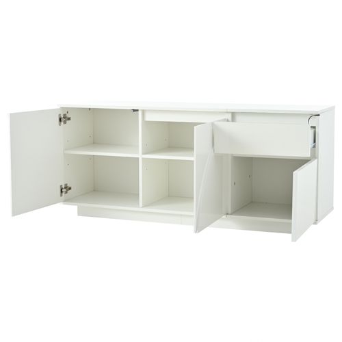 Buffet Moderne 140x40x60cm, LED, 3 Portes, 1 Tiroir, Séparateurs Réglables, Blanc Brillant