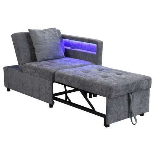 Canapé Convertible 68×177×65 Cm 1 Place Avec LED, USB/type-c, Dossier Réglable, En Lin, Gris Clair