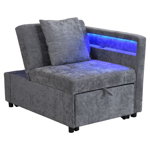 Canapé Convertible 68×177×65 Cm 1 Place Avec LED, USB/type-c, Dossier Réglable, En Lin, Gris Clair