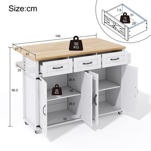 Chariot De Cuisine 140x43/70x90,5 Cm Avec 3 Tiroirs, 4 Portes, Roulettes, En Mdf, Blanc