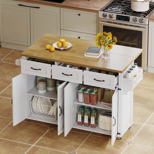 Chariot De Cuisine 140x43/70x90,5 Cm Avec 3 Tiroirs, 4 Portes, Roulettes, En Mdf, Blanc