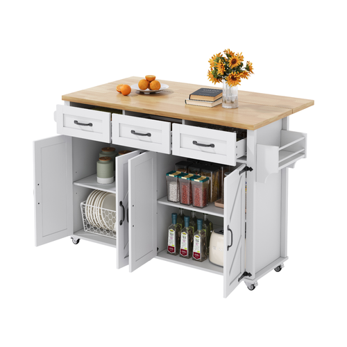 Chariot De Cuisine 140x43/70x90,5 Cm Avec 3 Tiroirs, 4 Portes, Roulettes, En Mdf, Blanc