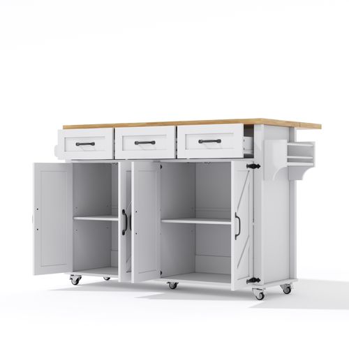 Chariot De Cuisine 140x43/70x90,5 Cm Avec 3 Tiroirs, 4 Portes, Roulettes, En Mdf, Blanc