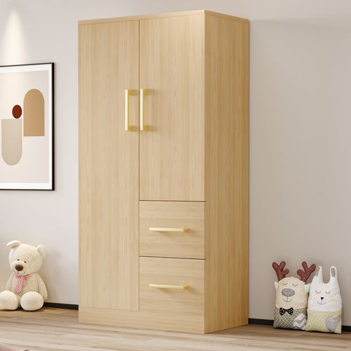 Armoire 70x40x135cm, 2 Portes, 2 Tiroirs, 1 Tringle, Couleur Bois Clair.