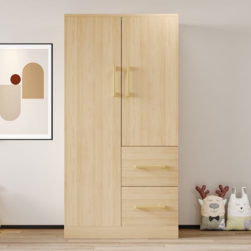Armoire 70x40x135cm, 2 Portes, 2 Tiroirs, 1 Tringle, Couleur Bois Clair.