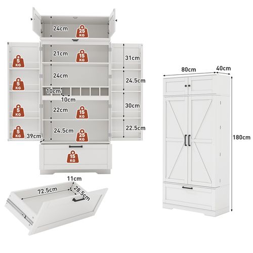 Buffet De Cuisine 80x40x180 Cm Avec 1 Tiroir, 4 Portes, Étagères Réglables, Mdf, Blanc