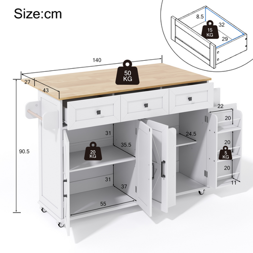 Chariot De Cuisine 140x43/70x90,5 Cm Avec 3 Tiroirs, 4 Portes, Roulettes, Étagère, En Mdf, Blanc