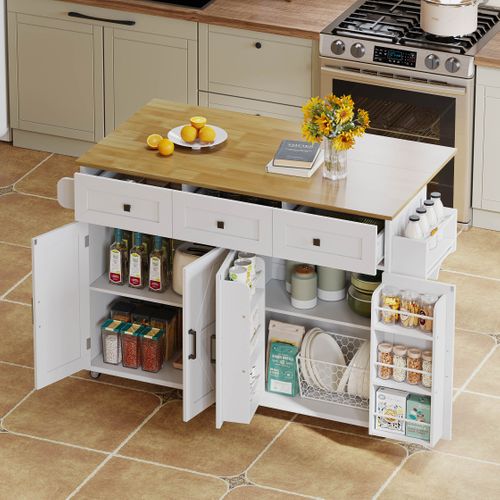 Chariot De Cuisine 140x43/70x90,5 Cm Avec 3 Tiroirs, 4 Portes, Roulettes, Étagère, En Mdf, Blanc