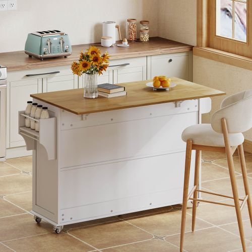 Chariot De Cuisine 140x43/70x90,5 Cm Avec 3 Tiroirs, 4 Portes, Roulettes, Étagère, En Mdf, Blanc