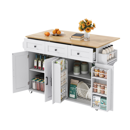 Chariot De Cuisine 140x43/70x90,5 Cm Avec 3 Tiroirs, 4 Portes, Roulettes, Étagère, En Mdf, Blanc
