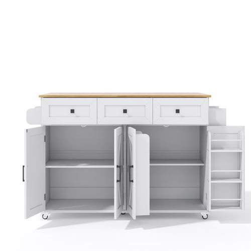 Chariot De Cuisine 140x43/70x90,5 Cm Avec 3 Tiroirs, 4 Portes, Roulettes, Étagère, En Mdf, Blanc