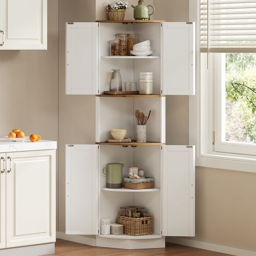 Buffet De Cuisine Vintage 56x39,5×180 Cm Avec 5 Compartiments De Rangement, En Mdf, Blanc Et Chêne