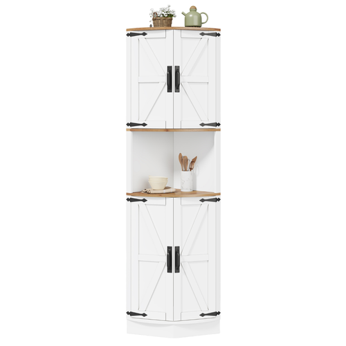 Buffet De Cuisine Vintage 56x39,5×180 Cm Avec 5 Compartiments De Rangement, En Mdf, Blanc Et Chêne