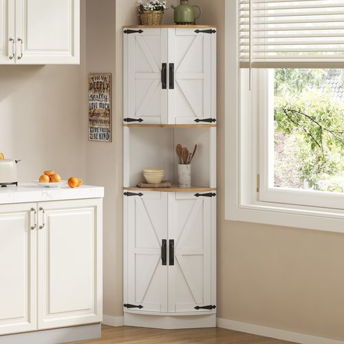 Buffet De Cuisine Vintage 56x39,5×180 Cm Avec 5 Compartiments De Rangement, En Mdf, Blanc Et Chêne