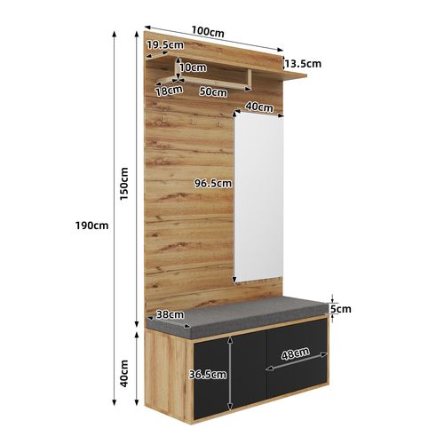 Armoire D'entrée 100x38x190cm, Avec Miroir Et Coussins, 2 Portes, 3 Crochets, Couleur Bois