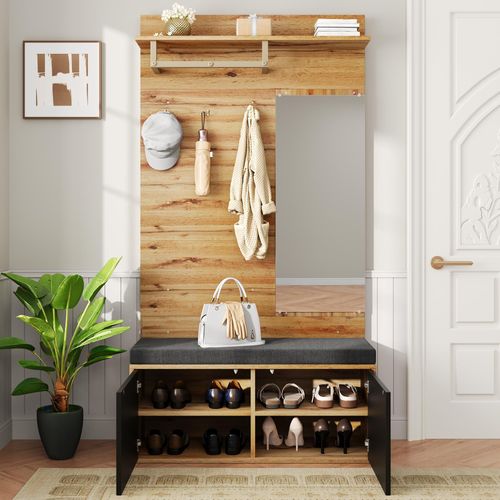 Armoire D'entrée 100x38x190cm, Avec Miroir Et Coussins, 2 Portes, 3 Crochets, Couleur Bois