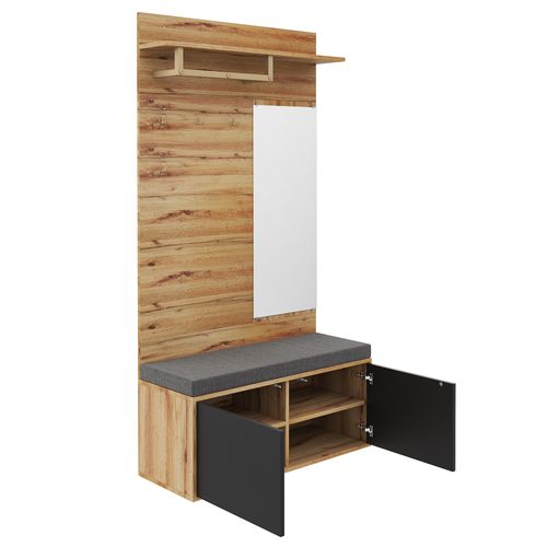 Armoire D'entrée 100x38x190cm, Avec Miroir Et Coussins, 2 Portes, 3 Crochets, Couleur Bois