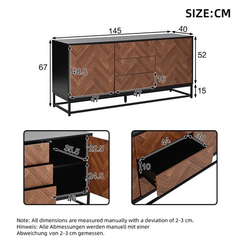 Buffet 145x40x67 Cm Avec 3 Tiroirs, 2 Portes, Cloisons Réglables, En Mdf, Couleur Marron Et Noir
