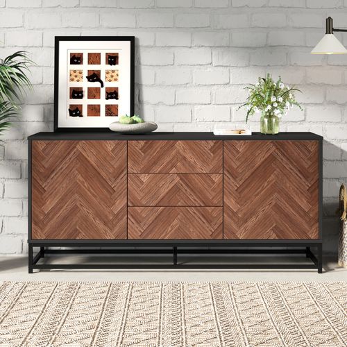 Buffet 145x40x67 Cm Avec 3 Tiroirs, 2 Portes, Cloisons Réglables, En Mdf, Couleur Marron Et Noir