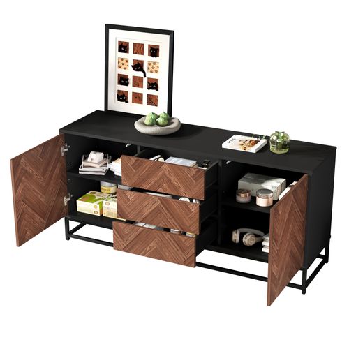 Buffet 145x40x67 Cm Avec 3 Tiroirs, 2 Portes, Cloisons Réglables, En Mdf, Couleur Marron Et Noir