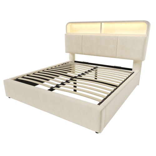 Lit coffre 2 places 160×200 cm avec LED, tête de lit réglable et USB/Type-C, velours beige
