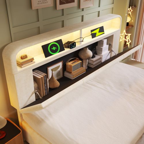 Lit coffre 2 places 160×200 cm avec LED, tête de lit réglable et USB/Type-C, velours beige
