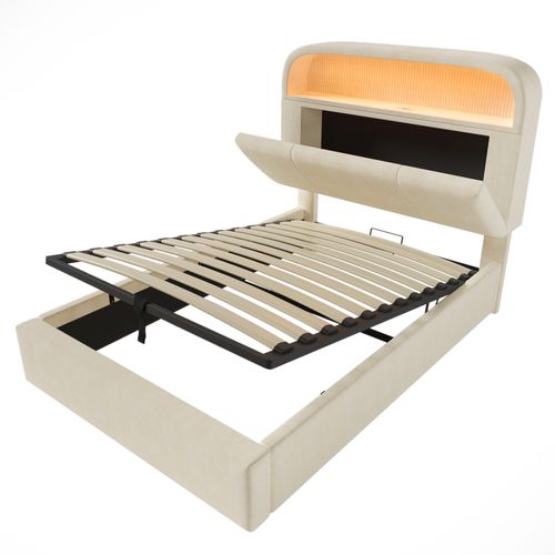 Lit Coffre Simple 90x200cm Avec Tête De Lit Réglable Et Rangement, LED Et Charge USB, Velours Beige
