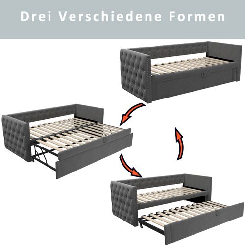 Lit Gigogne 90x200 Cm, Lit Enfant Avec Lit Extensible 90x190 Cm, En Velours, Gris