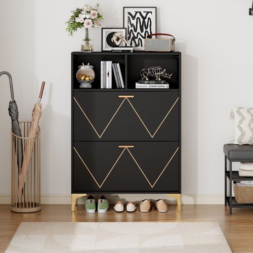 Meuble à Chaussures Double, 4 Portes Abattantes, 4 Compartiments Ouverts, Mdf, Noir + Doré