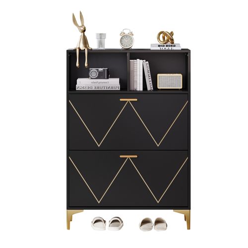 Meuble à Chaussures Double, 4 Portes Abattantes, 4 Compartiments Ouverts, Mdf, Noir + Doré