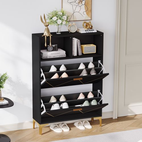 Meuble à Chaussures, 80 X 25 X 117 Cm, Avec 2 Portes Abattantes, 2 Niches, Mdf + Métal, Noir + Doré