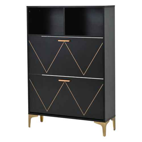 Meuble à Chaussures, 80 X 25 X 117 Cm, Avec 2 Portes Abattantes, 2 Niches, Mdf + Métal, Noir + Doré