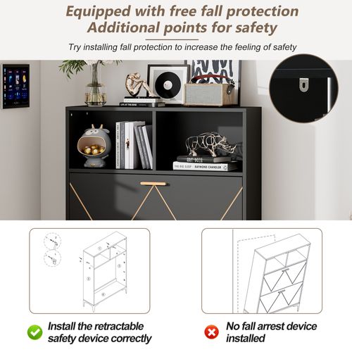 Meuble à Chaussures, 80 X 25 X 117 Cm, Avec 2 Portes Abattantes, 2 Niches, Mdf + Métal, Noir + Doré