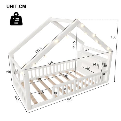 Lit Cabane Enfant 90x190 Cm Avec Barrière De Sécurité et étagères de rangement, Pin, Blanc