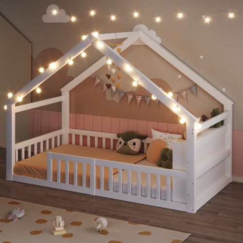 Lit Cabane Enfant 90x190 Cm Avec Barrière De Sécurité et étagères de rangement, Pin, Blanc