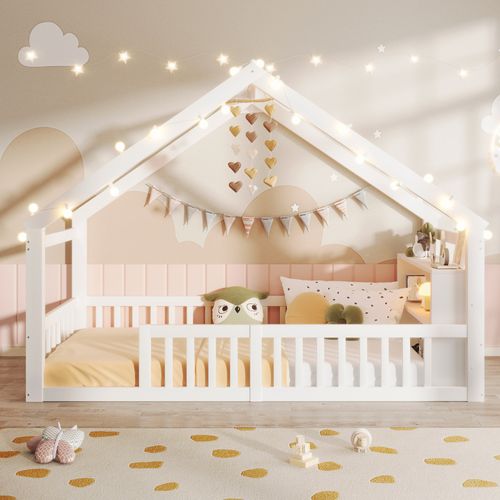Lit Cabane Enfant 90x190 Cm Avec Barrière De Sécurité et étagères de rangement, Pin, Blanc