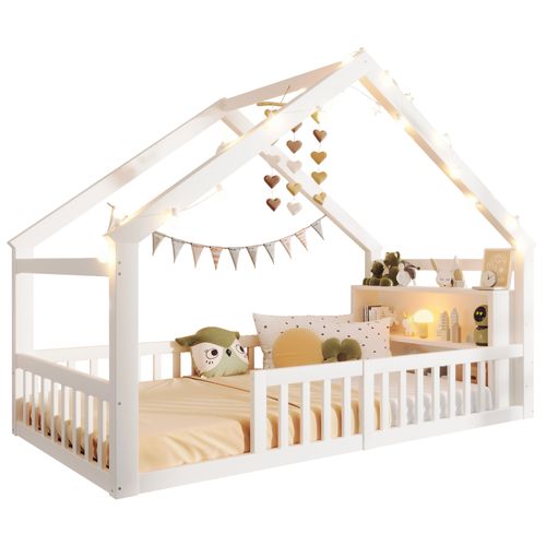 Lit Cabane Enfant 90x190 Cm Avec Barrière De Sécurité et étagères de rangement, Pin, Blanc