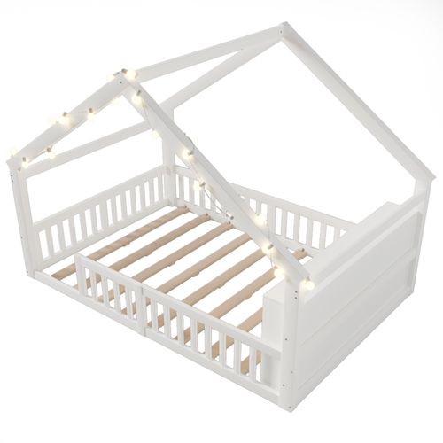 Lit Cabane 140x190cm, Avec Barrières De Sécurité, Rangement Intégré, En Pin, Blanc