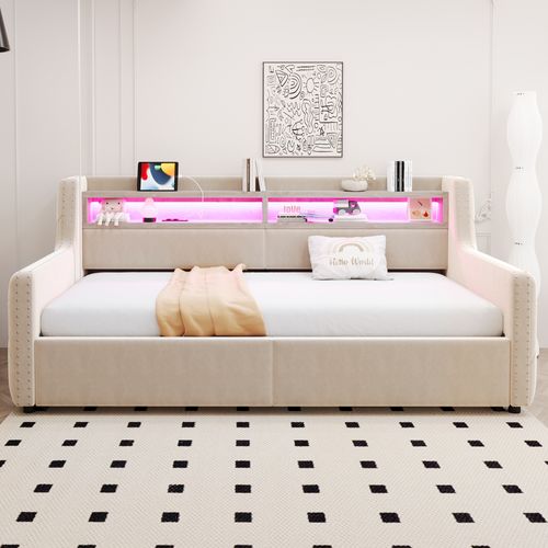 Lit Coffre Enfant 90x200 Cm Avec Éclairage LED, Rangement Hydraulique, Prises USB-c, Velours, Beige