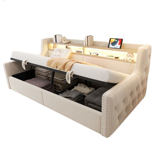 Lit Coffre Enfant 90x200 Cm Avec Éclairage LED, Rangement Hydraulique, Prises USB-c, Velours, Beige