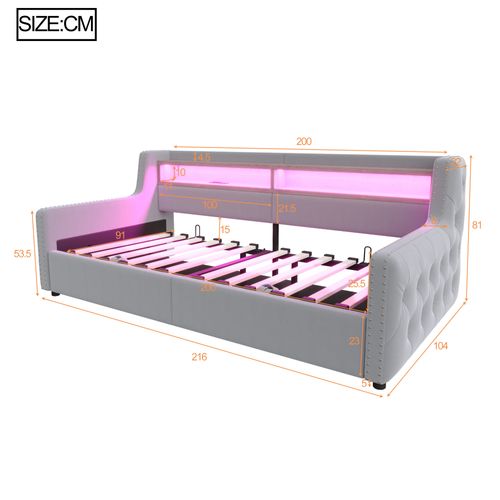 Lit Coffre Enfant 90x200 Cm Avec Éclairage LED, Rangement, Prises USB-c, Velours, Gris Clair