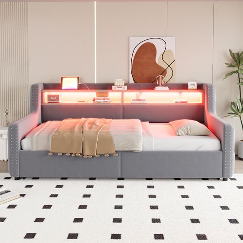 Lit Coffre Enfant 90x200 Cm Avec Éclairage LED, Rangement, Prises USB-c, Velours, Gris Clair