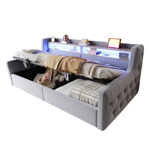 Lit Coffre Enfant 90x200 Cm Avec Éclairage LED, Rangement, Prises USB-c, Velours, Gris Clair
