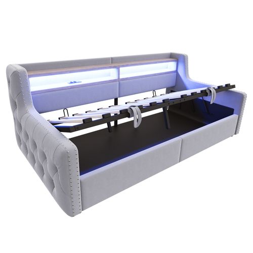 Lit Coffre Enfant 90x200 Cm Avec Éclairage LED, Rangement, Prises USB-c, Velours, Gris Clair