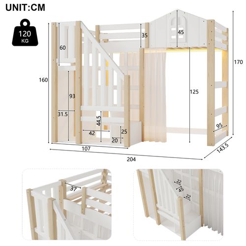 Lit Mezzanine 90x200cm, Avec LED, Échelle à Rangement, Gaze, En Pin Et Mdf, Blanc+naturel