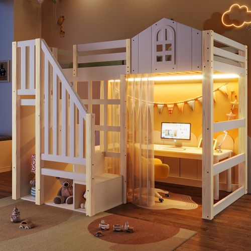 Lit Mezzanine 90x200cm, Avec LED, Échelle à Rangement, Gaze, En Pin Et Mdf, Blanc+naturel