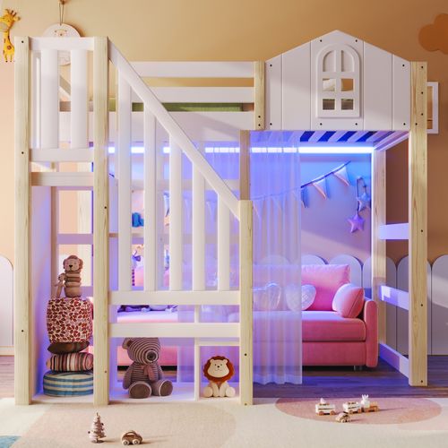 Lit Mezzanine 90x200cm, Avec LED, Échelle à Rangement, Gaze, En Pin Et Mdf, Blanc+naturel