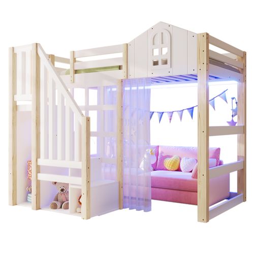 Lit Mezzanine 90x200cm, Avec LED, Échelle à Rangement, Gaze, En Pin Et Mdf, Blanc+naturel