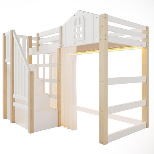 Lit Mezzanine 90x200cm, Avec LED, Échelle à Rangement, Gaze, En Pin Et Mdf, Blanc+naturel